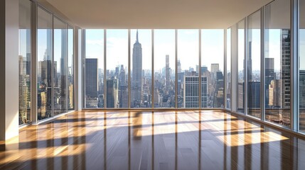Fototapeta premium Contemporary empty room with a glossy parquet floor and a panoramic window, offering a city skyline view, capturing an urban and elegant ambiance
