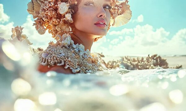 Beautiful model sea goddess emerges from sea foam.