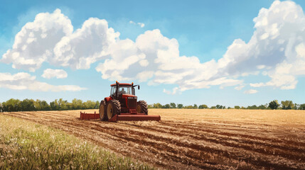 Obraz premium A tractor plowing a field on a sunny day