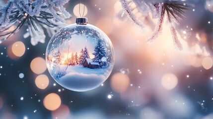 A sparkling snow globe with a winter scene inside hanging from a frosted tree branch, snow swirling around, soft, diffuse light creating a magical and nostalgic atmosphere