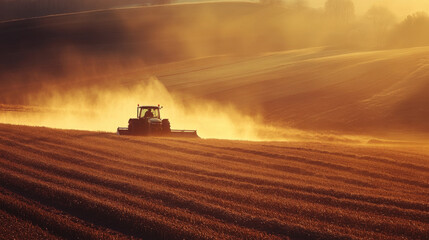 Fototapeta premium A tractor plowing a field on a sunny day