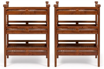 two rustic wooden auxiliary shelves. insulated, white background.