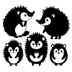 Fototapeta premium A collection of adorable hedgehogs striking different playful poses each displaying their unique characteristics in a charming black art style