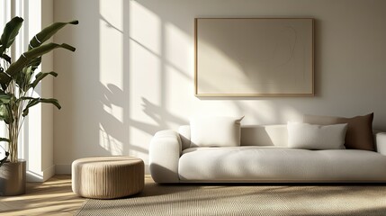 Contemporary minimal living room with a sleek sofa, soft textures, and clean lines, creating a stylish and functional space