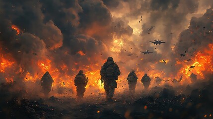 Fototapeta premium Epic scene of soldiers in a war zone amidst explosions and smoke, portraying courage and determination in the face of danger.