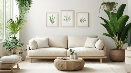 Naklejka premium Cozy beige sofa in a bright Scandinavian-style living room, surrounded by indoor plants, light wood furniture, and soft textiles