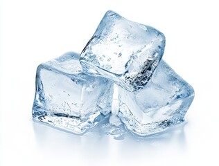 Three clear ice cubes on a white background.