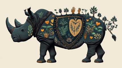 Fototapeta premium A rhino wearing a symbolic shield of protection, with symbols of conservation efforts such as hands,