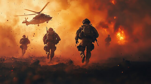 Dramatic scene of soldiers advancing under a fiery sky, highlighting bravery and intensity in a military operation.