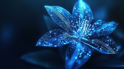 Luminescent blue digital flower with intricate circuits