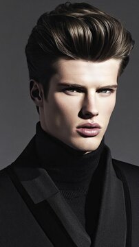 Male Fashion Model with Slicked Back Hair in Black Suit.