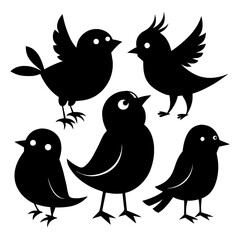Fototapeta premium A unique arrangement of small black silhouette birds in different stances highlighting their playful traits and graceful forms against a minimal background