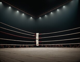 A dimly spotlight corner of a boxing ring surrounded by ropes on a dark isolated background. Ai generated images