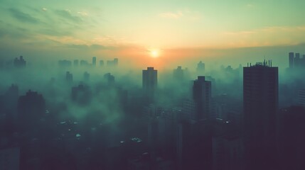 Fototapeta premium A breathtaking urban sunrise amidst fog and skyscrapers, capturing the beauty of a city waking up to a new day.