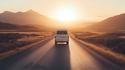 Fototapeta premium White van driving on a road with mountains in the background during sunset.