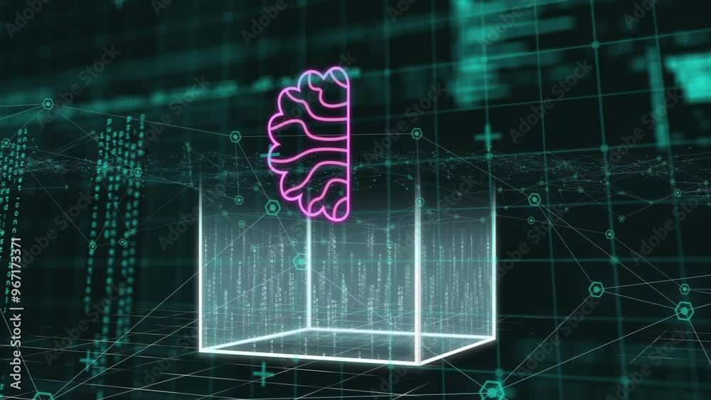 Poster Animation of digital brain and network of connections over data processing on black background