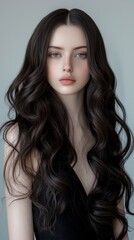 Fototapeta premium How does the symmetrical, wavy flow of the womans hair contribute to a sense of elegance and timeless beauty in this image