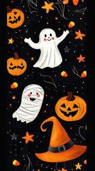 A delightful Halloween vector design showcases playful ghosts, carved pumpkins, and a witch's hat against a starry black backdrop