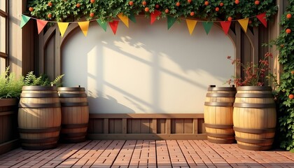 Fototapeta premium Rustic Oktoberfest-inspired scene mockup featuring traditional beer mugs, wooden barrels, and festive decorations. Ideal for scene creators, seasonal celebrations, beer festivals, autumn-themed mockup