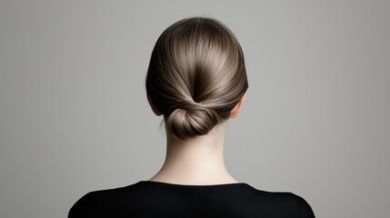 How does the symmetry in the womans hairstyle, with its smooth and flowing texture, contribute to the overall elegance and balance of her look