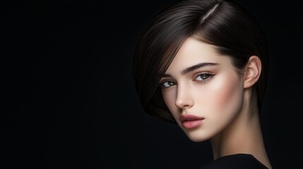 Fototapeta premium How does the symmetry in the womans hairstyle, with its smooth and flowing texture, contribute to the overall elegance and balance of her look