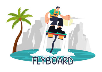 Obraz premium Flyboard Vector Illustration featuring People Riding a Jet Pack during Summer Beach Vacations in a Flat Style Extreme Water Sports Cartoon Background