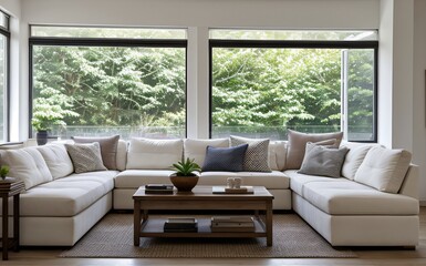 Modern luxury living room with elegant decor and minimalistic design..