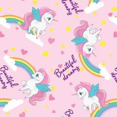 Pattern Background Cute lovely pink vector unicorn on a cloud