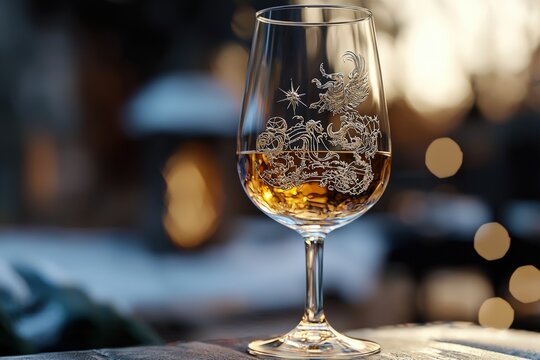 A beautifully crafted wine glass featuring intricate zodiac themed engravings, capturing essence of each sign. warm glow of drink complements elegant design, creating cozy atmosphere. 