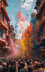Crowd of people celebrating holi festival in the streets of a city in india throwing colorful pigments in the air