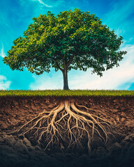 Obraz premium A banyan tree with roots underground, symbolizing the connection between nature and humanity.