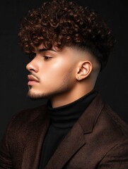 Obraz premium Portrait of a Man with Curly Hair and Brown Jacket.