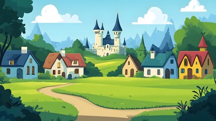 Naklejka premium Village with castle, clipart style, small houses at the foot of a towering castle, green fields and forests, bright daylight, fairy tale and magical mood, bold outlines, vivid colors