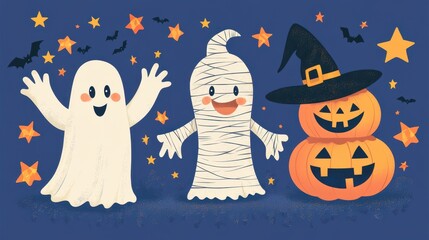 Cheerful ghosts and a mummy celebrate Halloween alongside carved pumpkins and stars, capturing the festive spirit of the season
