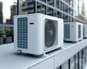 Three white air conditioning units on a rooftop with a city skyline in the background.