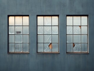 Three windows with broken glass panes on a weathered gray wall.