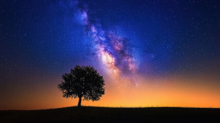 The magnificent Milky Way stretches across the clear night sky, with a silhouette of a lonely tree in the foreground, vast natural landscapes and mysterious starry sky.