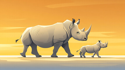 Fototapeta premium A vector illustration of a rhino family, a mother and calf walking together