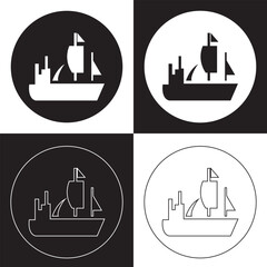 Ship or vessel icon. Symbol of travel and navigation. Attribute of pirates or navy. isolated on white and black  background. high quality black and white  style vector icons, EPS 10