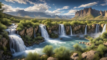 Obraz premium A beautiful waterfall scene with a mountain in the background