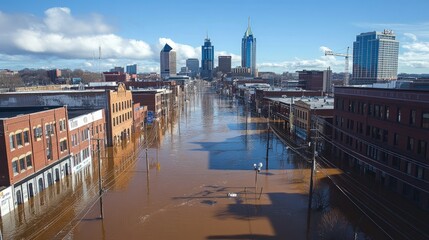 Fototapeta premium Downtown Nashville under record-breaking floodwaters, with streets resembling rivers, illustrating the catastrophic impact of the rainfall