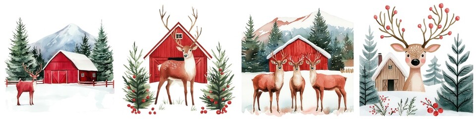 Watercolor Christmas Farm, Charming winter scene with deer, red barns, and snow-covered trees, holiday art and nature themed decorations. Isolate on white background