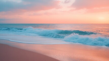 Fototapeta premium A serene beach scene at sunset with gentle waves and pink sky, creating a peaceful and tranquil atmosphere.