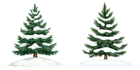 Fototapeta premium Watercolor Christmas Farm, Two lush evergreen trees adorned with snow, winter-themed designs, and holiday illustrations. Isolate on white background