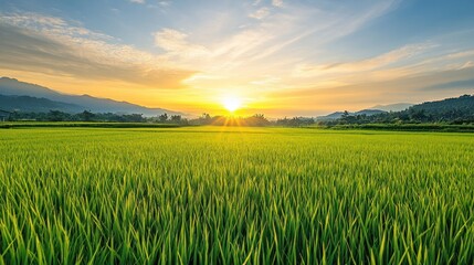 Fototapeta premium A stunning golden sunrise over a lush green rice field with mist rolling in, creating a serene and tranquil atmosphere.