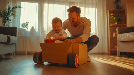 Father and baby playing with a cardboard box car in a sunlit living room