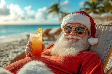 Santa claus enjoys a tropical summer getaway, lounging on the beach in sunglasses with a delicious cocktail