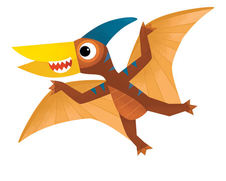cartoon scene with happy prehistoric animal pteranodon dino dinosaur flying bird smiling and walking isolated on white background illustration for kids