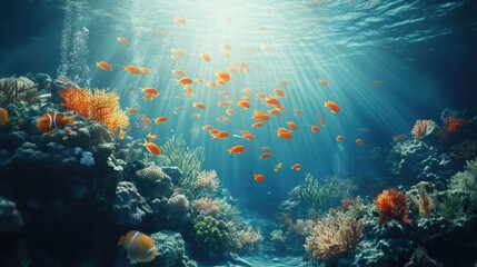Naklejka premium Dynamic underwater scene with vibrant coral reefs and a school of multicolored fish, swimming freely in the blue ocean depths, rays of sunlight penetrating the water