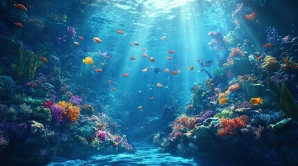 Naklejka premium Dynamic underwater scene with vibrant coral reefs and a school of multicolored fish, swimming freely in the blue ocean depths, rays of sunlight penetrating the water